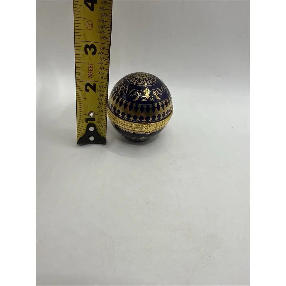 Vintage Estee Lauder Cobalt Blue Ball Trinket Box Gold Accents *
